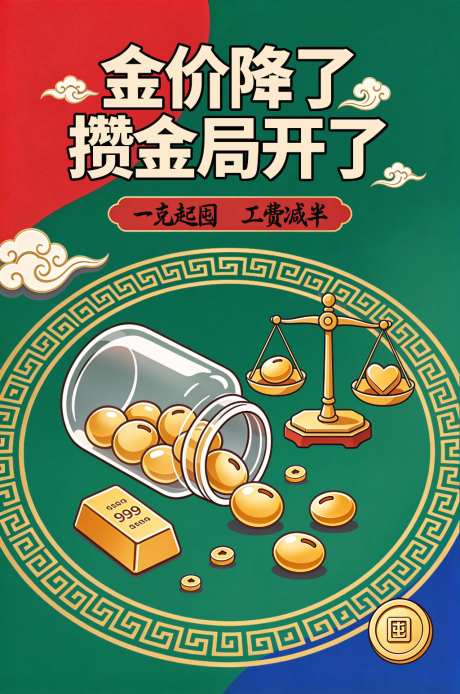 墨绿暖金国潮撞色金豆攒金