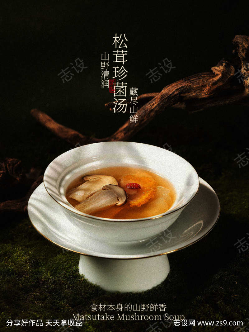 松茸珍菌汤山野鲜香美食海报
